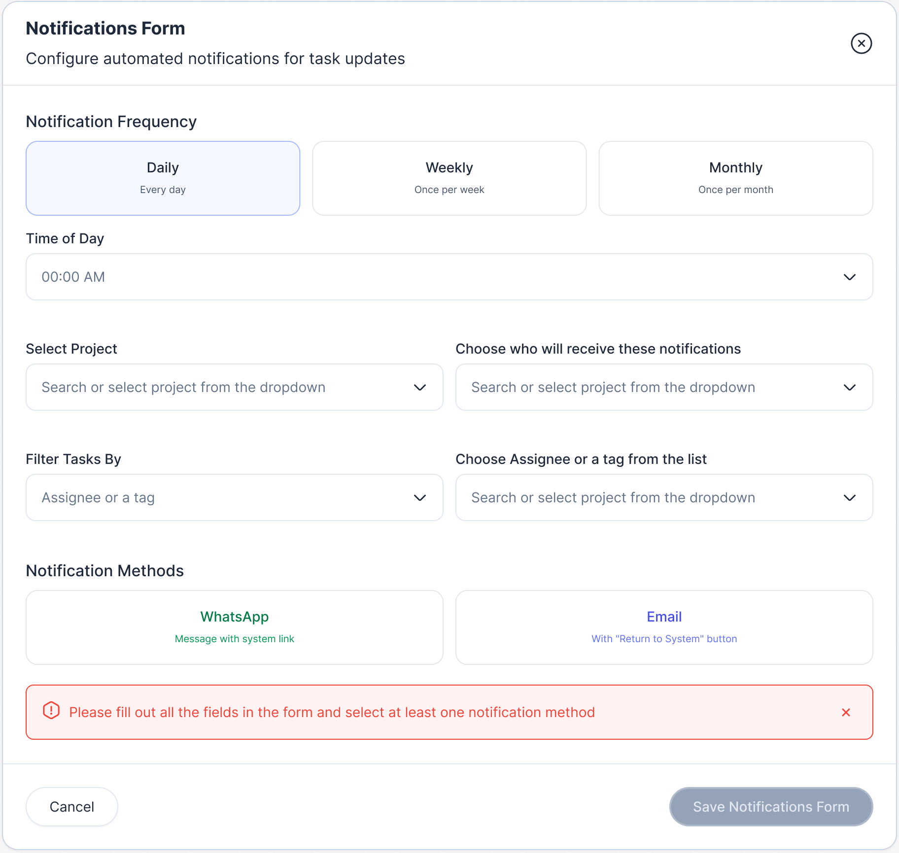 Notifications form popup with frequency options, dropdowns, notification methods and an error message
