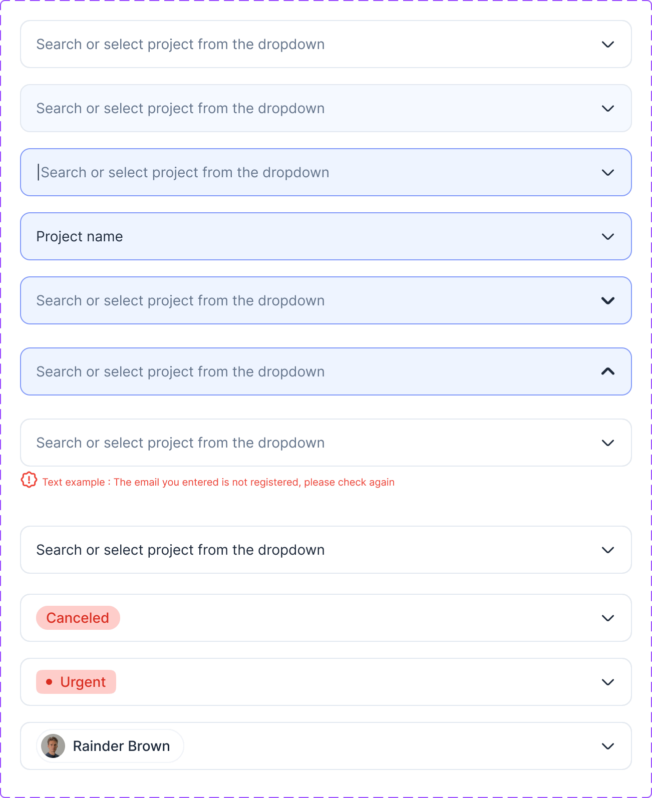 Input field component with all its variants: default, hover, typing, filled, open dropdown, error, and with a tag, status or user