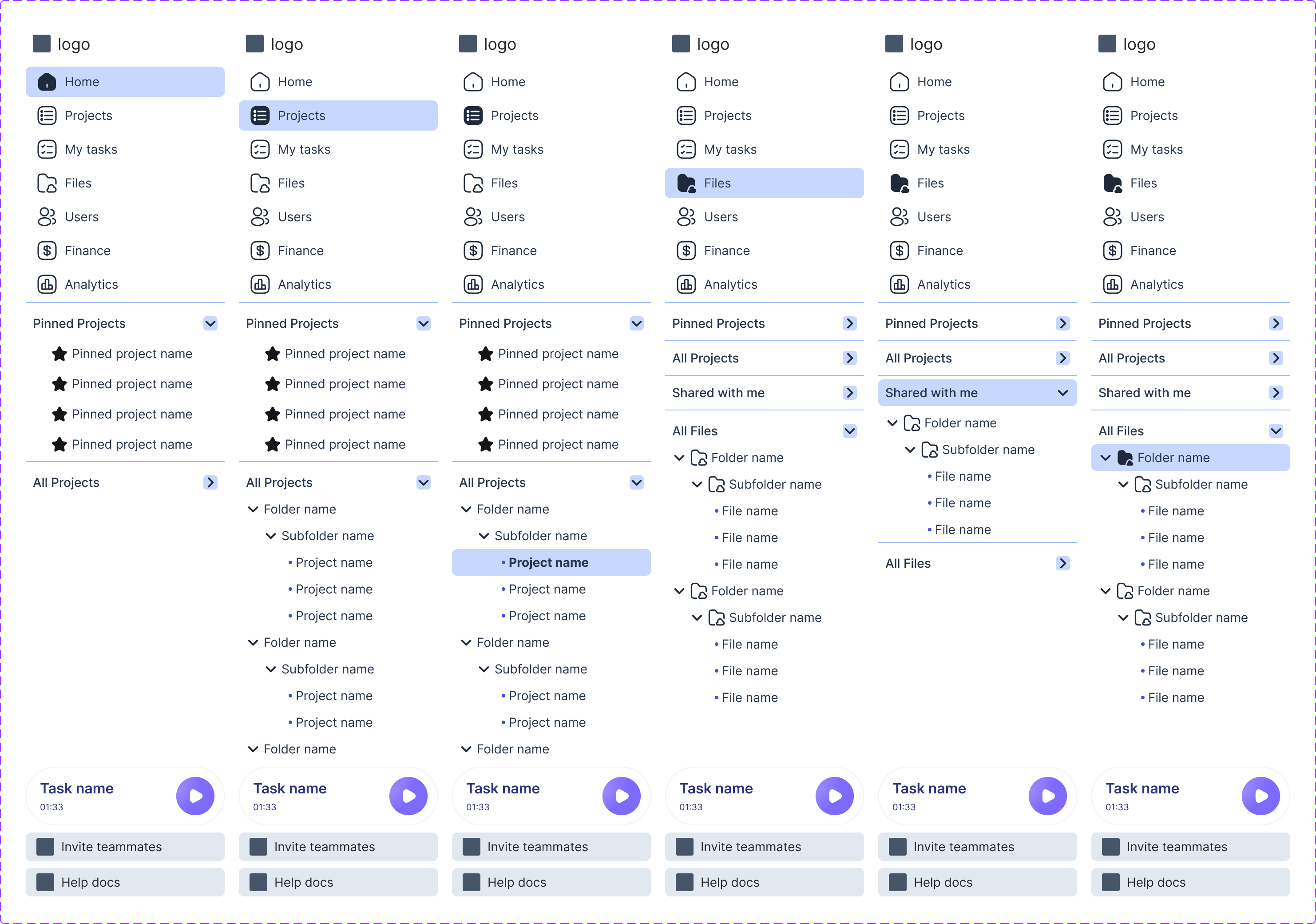 The sidebar component in six variants: home, all projects, a specific project, all files, shared with me and a specific file
