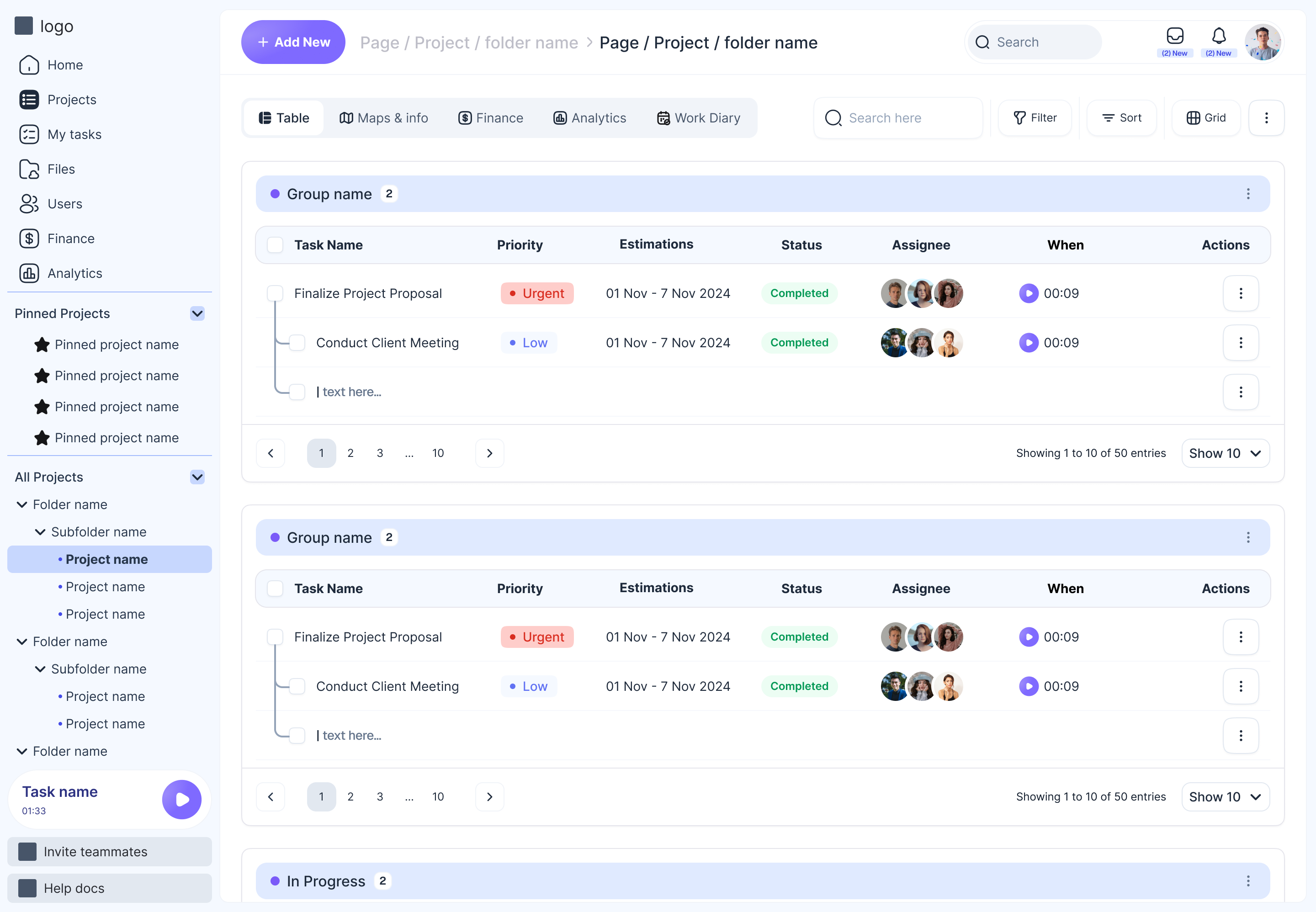 Projects page with tasks grouped by status