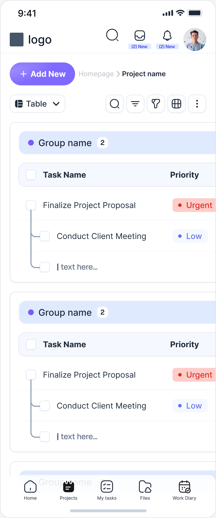 Mobile projects table