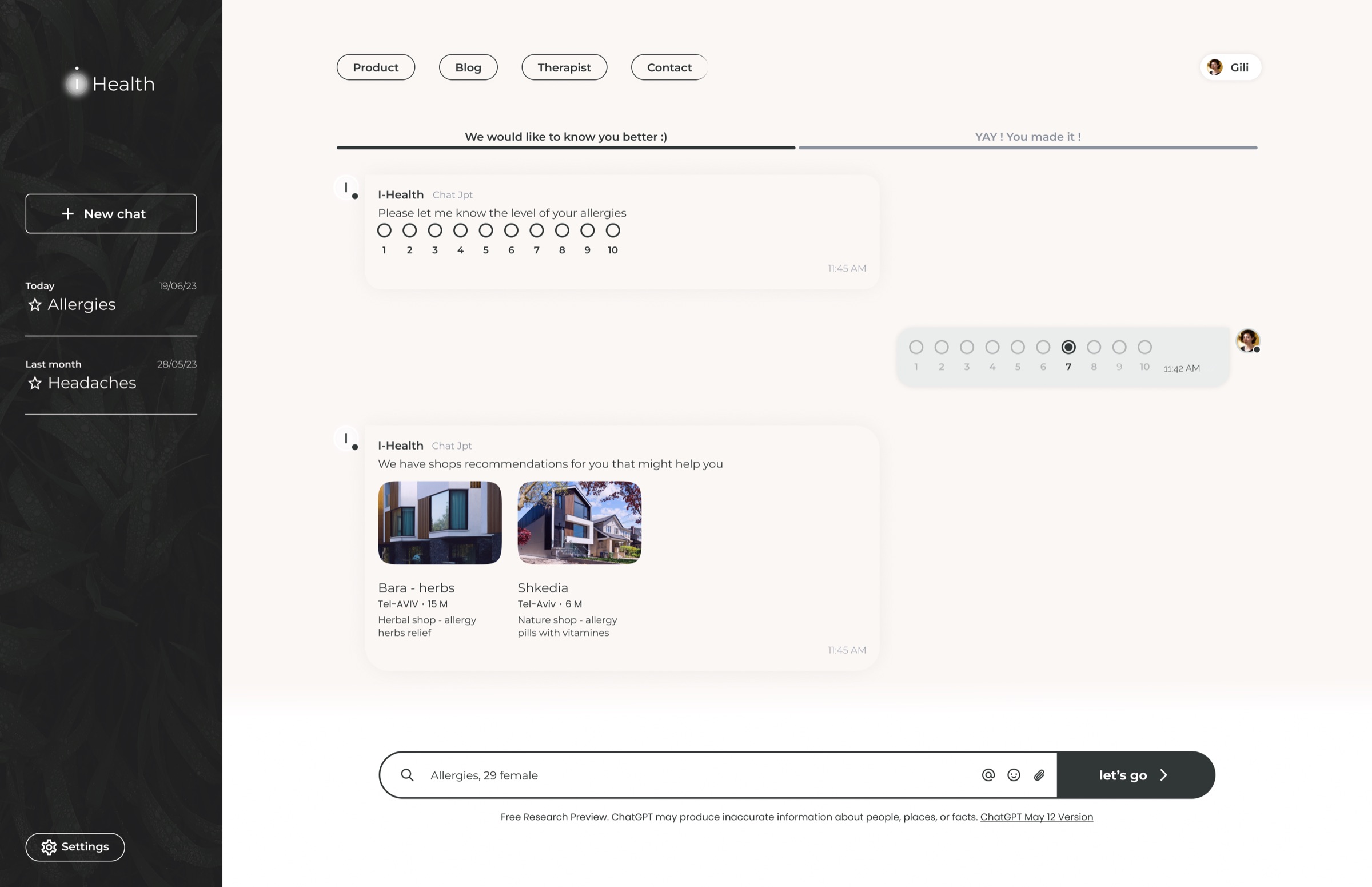 Chat with a 1 to 10 scale and shop recommendations