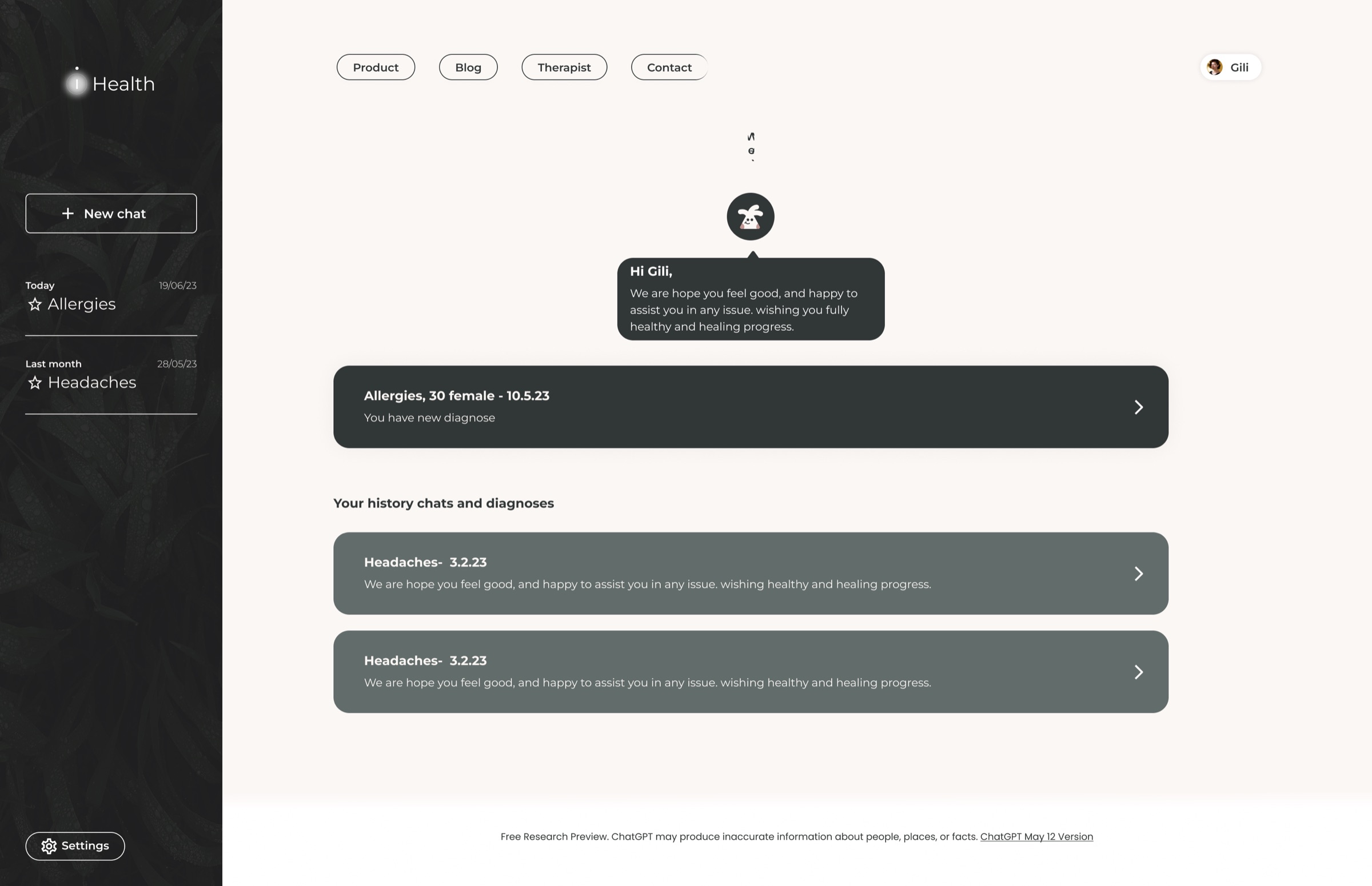 Profile with a new diagnosis and the history of chats and diagnoses