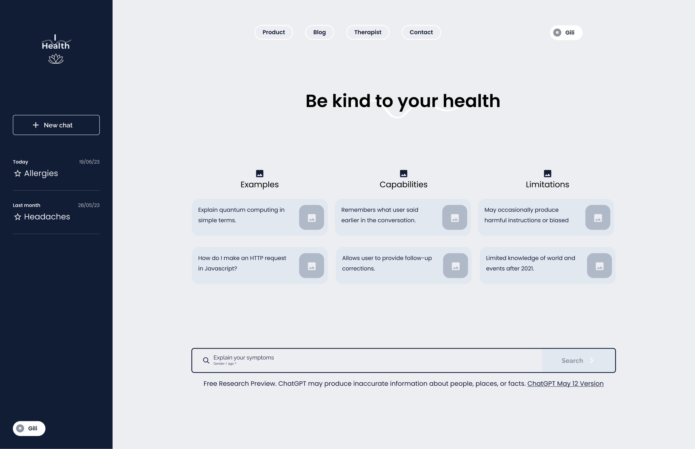 Item page wireframe: a new chat with examples, capabilities and limitations