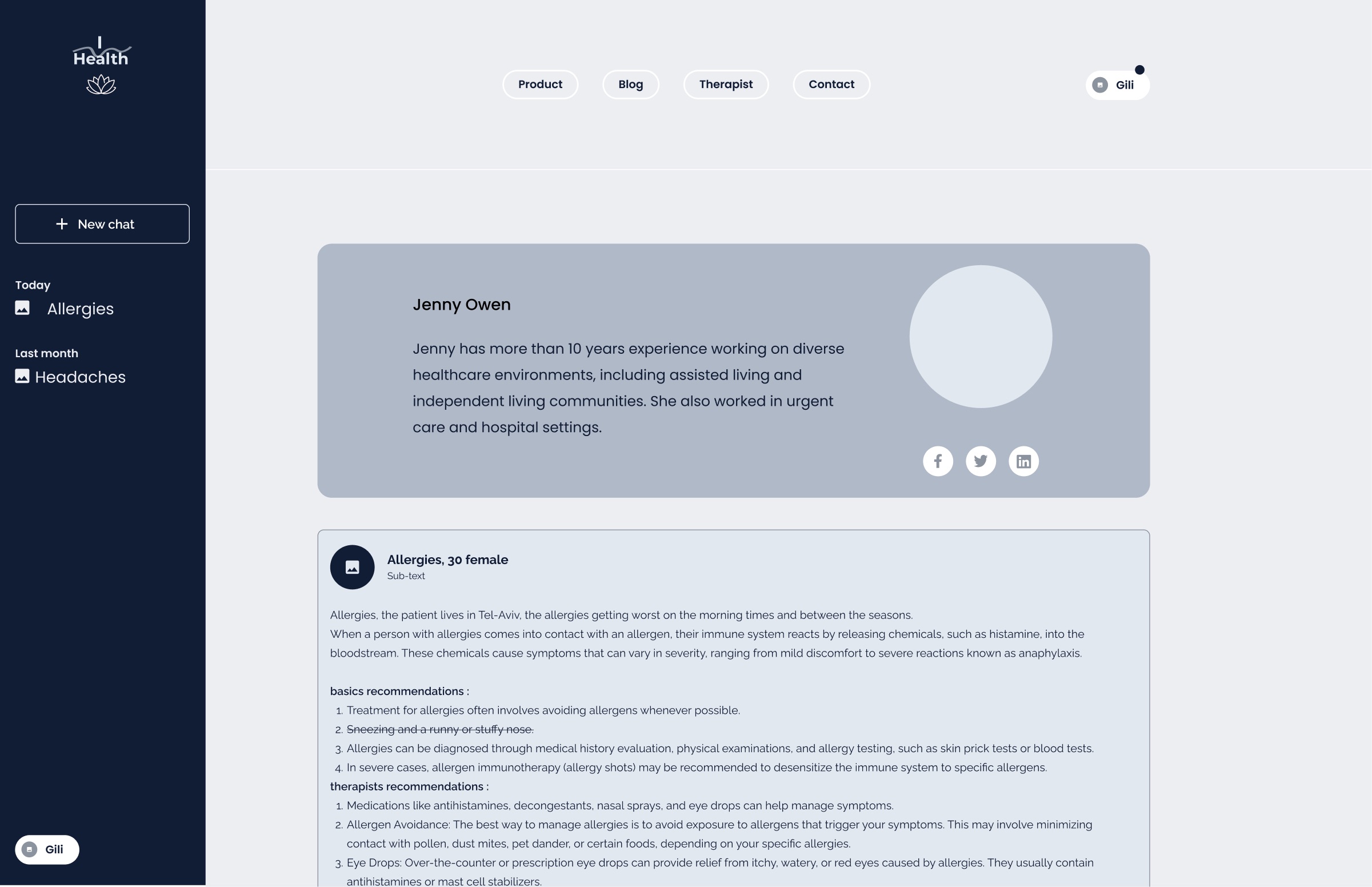 Diagnosis wireframe with the therapist and the diagnosis