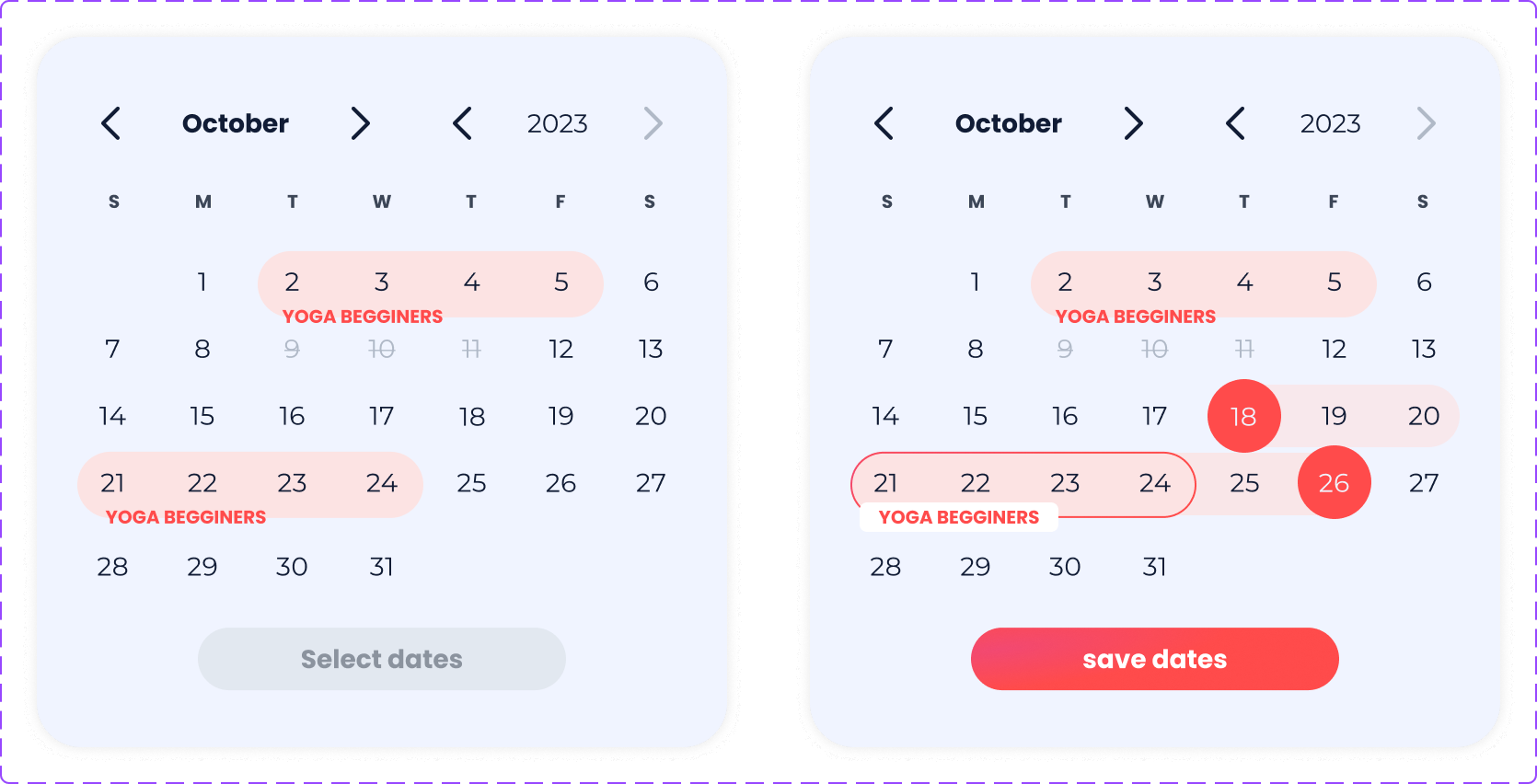 Calendar with retreat dates marked, before and after choosing dates