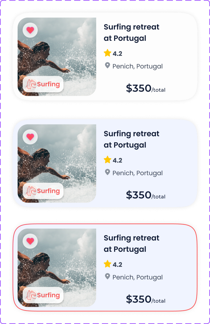 Surfing retreat card in three states