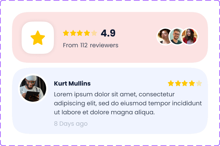 Reviews summary with a 4.9 rating from 112 reviewers, and a single review