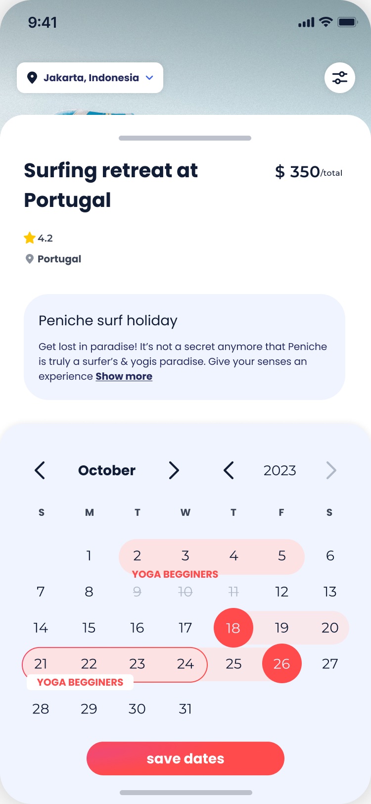 Calendar with arrival and departure dates selected