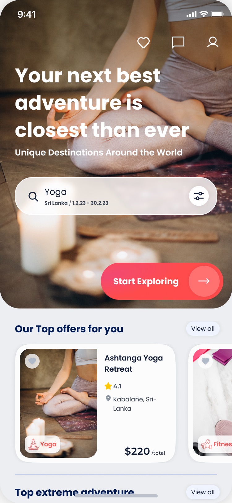 Home page with a yoga search typed in