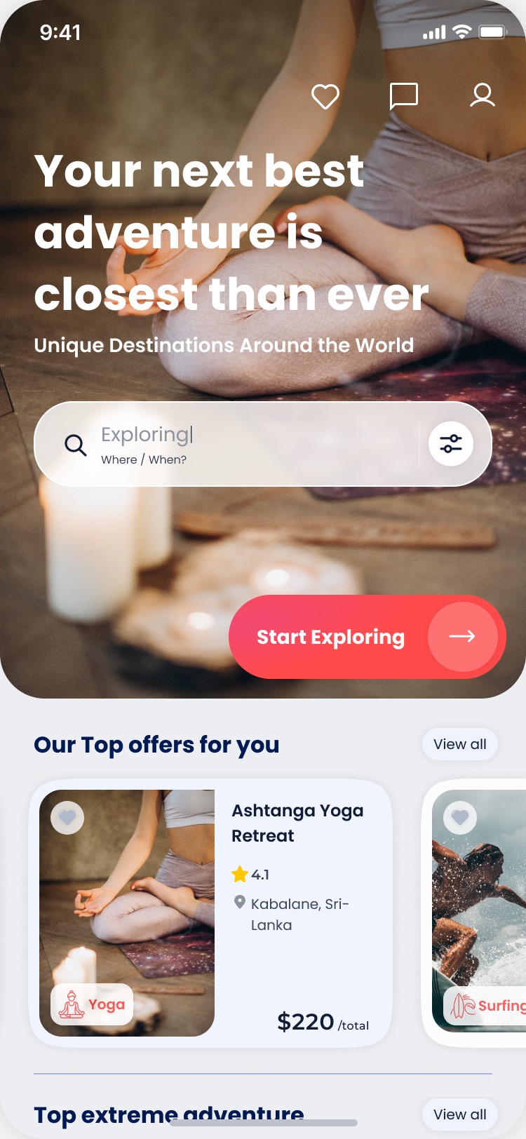 Home page with a retreat card selected