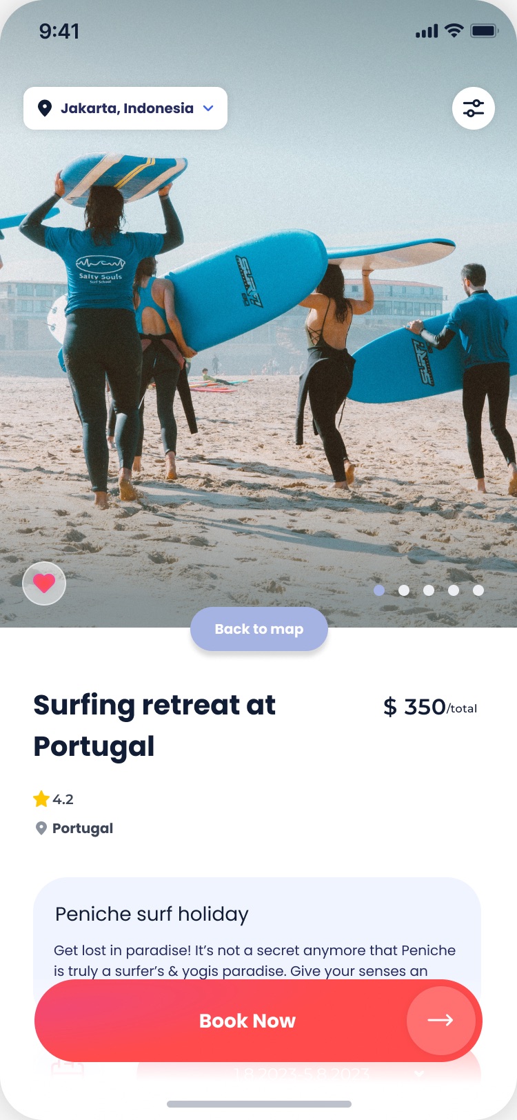 Item page for a surfing retreat in Portugal, with the photo gallery