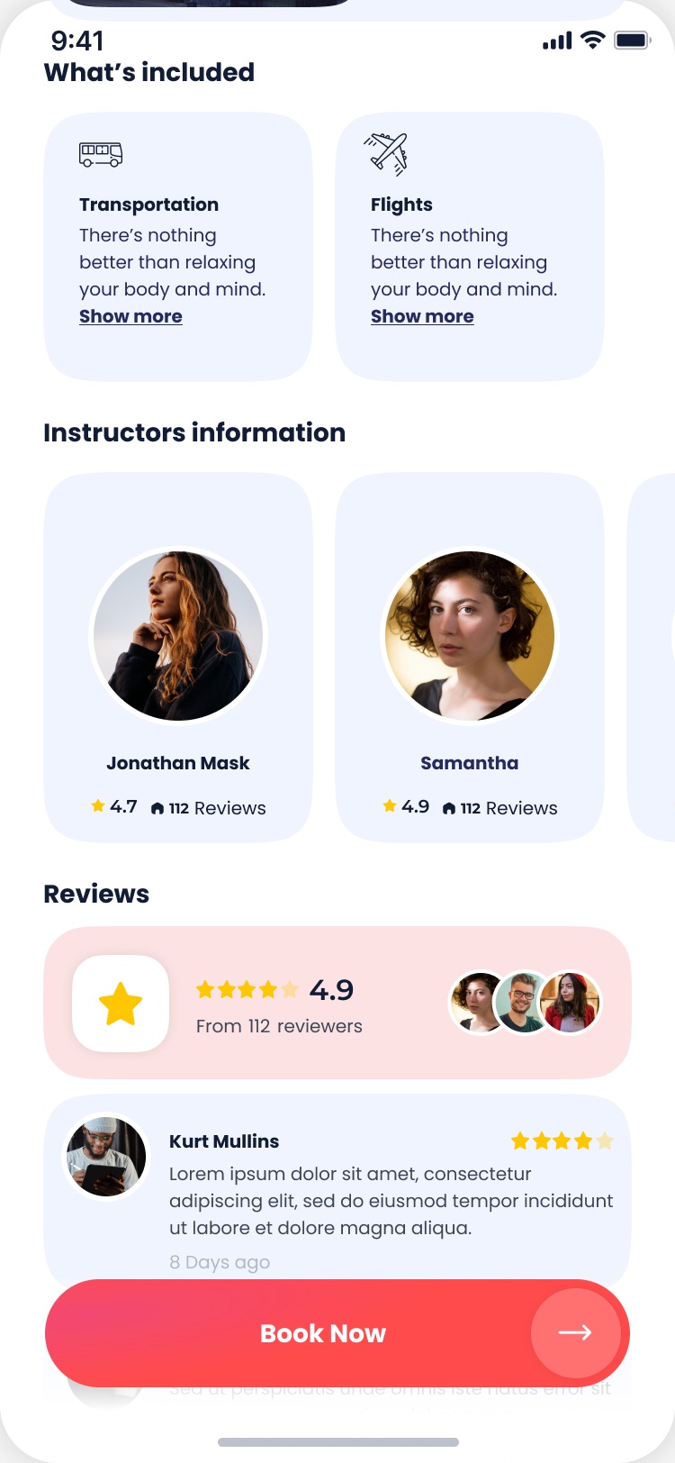 Item page with what's included, instructors and reviews