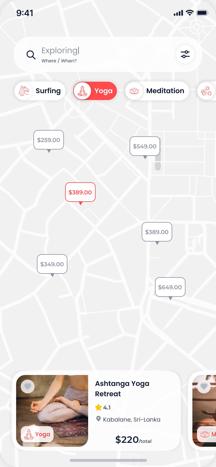 Map with price pins and the yoga category selected